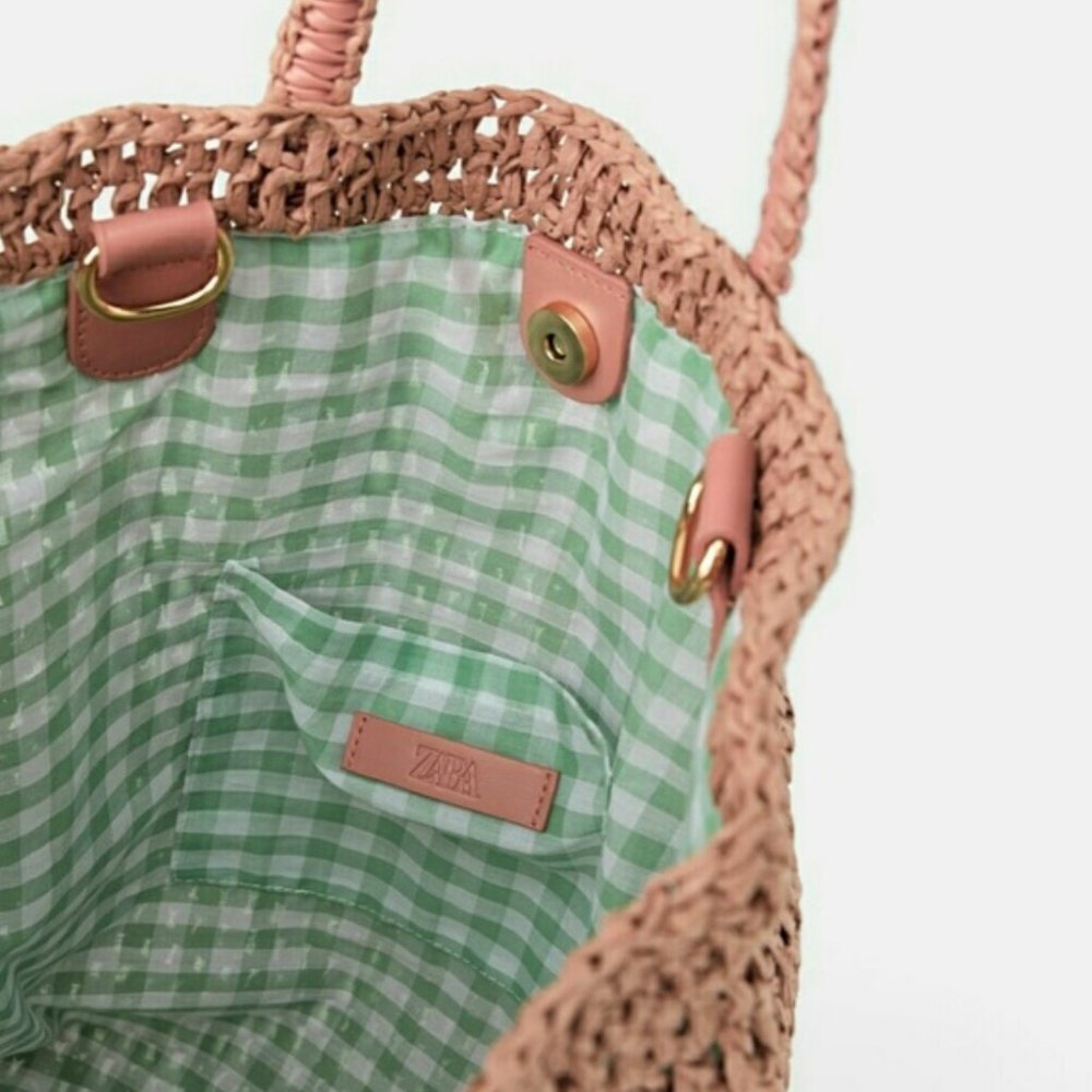 NWT Rare Zara Woven BRAID Paper Tote Summer Bag Pale Pink - Picture 3 of 13